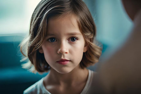 Closeup of pretty cute little girl with long hair over white background. AI generated art illustrationの素材