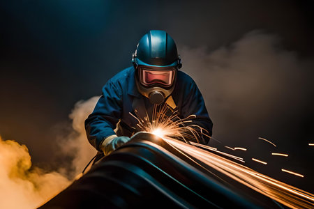 Male in face mask welds with argon arc welding. Welder mounts in the trunk pipeline electrochemical protection. illustration created by Generative AI. High quality photoの素材