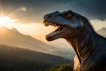 Close up on a The head of dinosaur in the dark background. High quality photoの素材