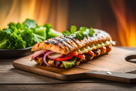 Double cheeseburger with lettuce, tomato and melted cheese on wooden board. Long wide banner. Generative Aiの素材
