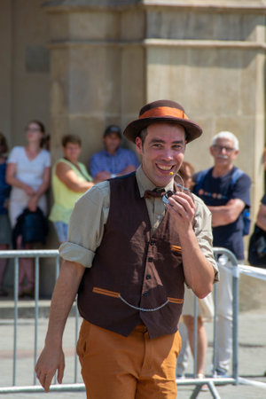 Cracow, Malopolska, Poland - 09.06.2023: Street Theatre Festival. International annual event. Manteca al dente Argentyna: Galumphing. High quality photoのeditorial素材