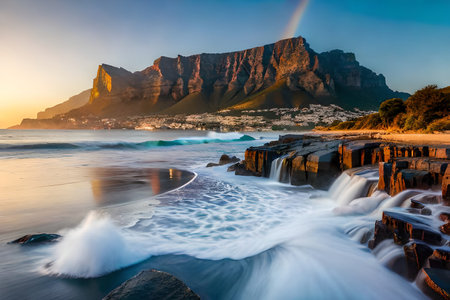Fantastic sunset on the Sea coast with beautiful colors and great light. Sunset over a mountain range with foggy skies and a rainbow in the background. Digitally generated imageの素材