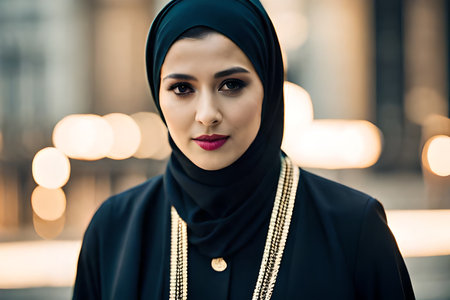 a beautiful asian muslim woman wearing hijabPretty young muslim woman walking in the city. Generative AI.の素材