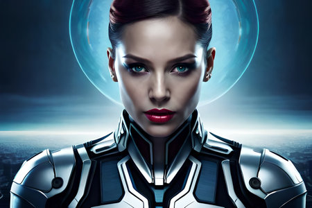 A woman with a robot face and a face painted in silver. Science Fiction Beautiful Humanoid Cyborg Woman Conceptual Illustration. Female Bionic Robot Horror Sci-Fi Video Game Character Digital Artworkの素材