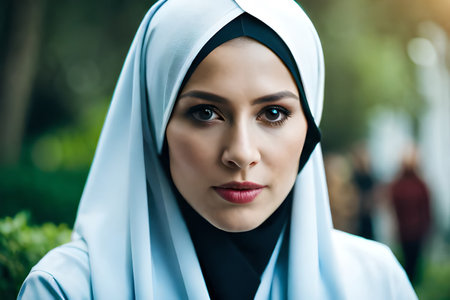 a beautiful asian muslim woman wearing hijabPretty young muslim woman walking in the city. Generative AI.の素材