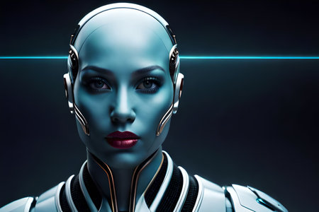 A woman with a robot face and a face painted in silver. Science Fiction Beautiful Humanoid Cyborg Woman Conceptual Illustration. Female Bionic Robot Horror Sci-Fi Video Game Character Digital Artworkの素材