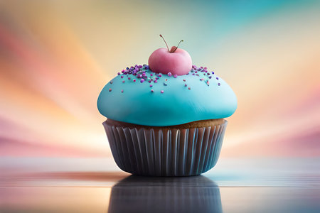 Digital illustration of sweet pink cup cake with whipped cream and cherry. Dessert element isolated on pink background. Digital shot generated AIの素材