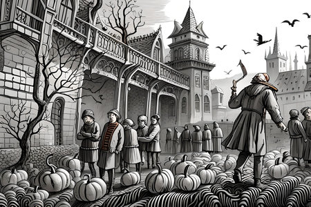 Illustration of a gothic horror castle that looks like something out of a picture book.Digital art AI genetedの素材