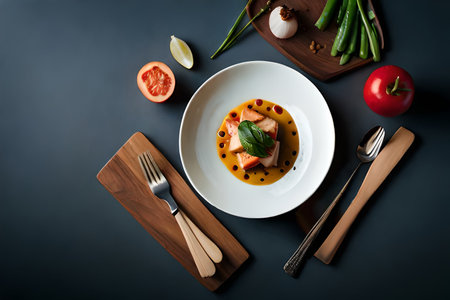Traditional Italian cuisine on dark background. Beef steak. Italian cuisine concept in bowl. Italian style dinner. Space for text. Top view. Italian food.の素材