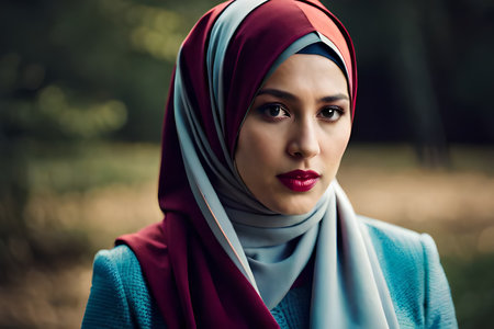 a beautiful asian muslim woman wearing hijabPretty young muslim woman walking in the city. Generative AI.の素材