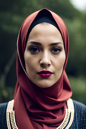 a beautiful asian muslim woman wearing hijabPretty young muslim woman walking in the city. Generative AI.の素材