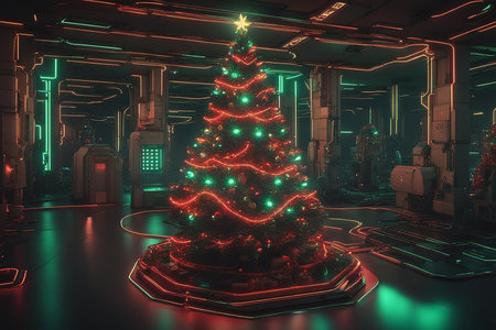 Cyberpunk Christmas 3D illustration of beautiful science fiction, Cyberpunk glow glowing gifts and New Year elements illustration neon artificial technology beauty cyber. Digital Illustration Generated AIの素材