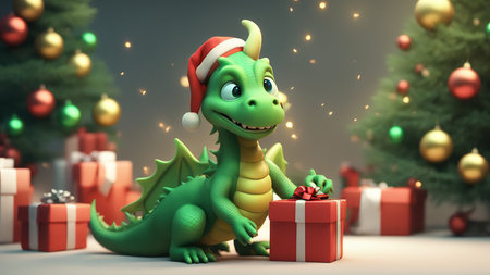 3D illustration of the magic cute green dragon with Christmas Hat holds gfts and smiles on background of a New Year tree, a beautiful New Year backgroundの素材