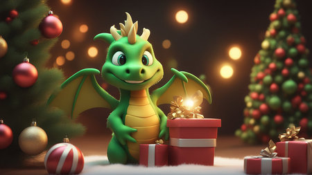 3D illustration of the magic cute green dragon with Christmas Hat holds gfts and smiles on background of a New Year tree, a beautiful New Year backgroundの素材