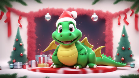 3D illustration of the magic cute green dragon with Christmas Hat holds gfts and smiles on background of a New Year tree, a beautiful New Year backgroundの素材