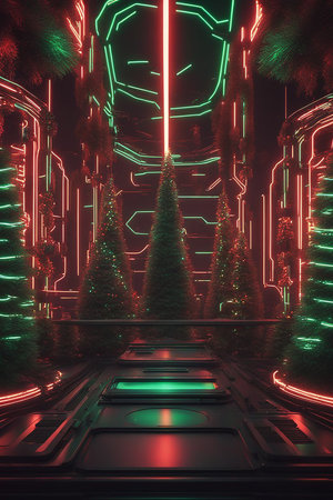 Cyberpunk Christmas 3D illustration of beautiful science fiction, Cyberpunk glow glowing gifts and New Year elements illustration neon artificial technology beauty cyber. Digital Illustration Generated AIの素材