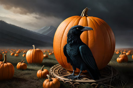 Autumn scene with field pumpkins in grass on sky Thanksgiving and halloween holiday greeting card background. Season festive scenery with harvest crop on countryside farm wallpaper. Generated AIの素材