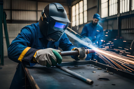 Male in face mask welds with argon arc welding. Welder mounts in the trunk pipeline electrochemical protection. illustration created by Generative AI. High quality photoの素材