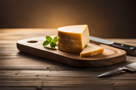 Pieces of delicious cheese and knife on wooden table. Space for text. High quality photoの素材