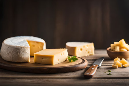 Pieces of delicious cheese and knife on wooden table. Space for text. High quality photoの素材