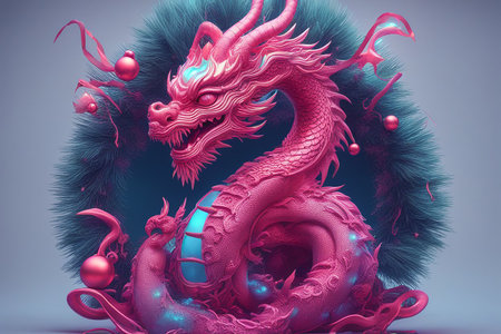 Red dragon on a blue background. 3d rendering. Computer digital drawing.の素材