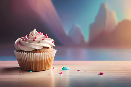 Digital illustration of sweet pink cup cake with whipped cream and cherry. Dessert element isolated on pink background. Digital shot generated AIの素材