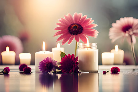 Bouquet of white flowers in a vase, candles on vintage copper tray, wedding home decor on a table. Digital Iluustration Generated AIの素材