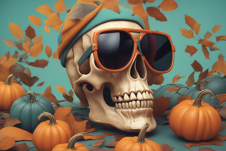 Spooky top view: assorted Halloween items - spiders, creepy skull, centipede, orange and golden sparkle pumpkins. Halloween Pumpkin Background. Halloween T shirt Design.の素材