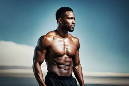 Portrait of an African American man with a naked torso in a dark studio. Muscular guy. Digital generated AI-imageの素材