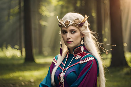 A woman with blue hair and a red dress with a flower crown on her head. A woman in a forest wearing a costume with the word elf on it. AI-generated Digital Artの素材