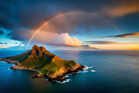 Fantastic sunset on the Sea coast with beautiful colors and great light. Sunset over a mountain range with foggy skies and a rainbow in the background. Digitally generated imageの素材