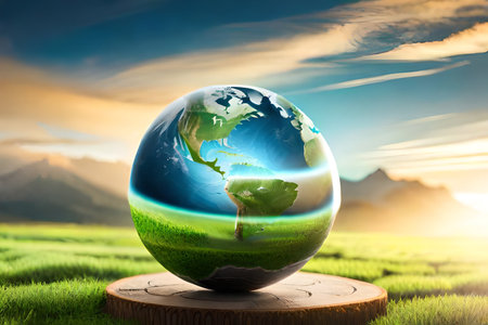 green planet concept - green tree in ptotecting shell with sunshine around. Save our planet. Earth day concept background. Ecology concept. Globe map drawing and leaves isolated on white Generative AIの素材