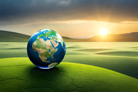 green planet concept - green tree in ptotecting shell with sunshine around. Save our planet. Earth day concept background. Ecology concept. Globe map drawing and leaves isolated on white Generative AIの素材