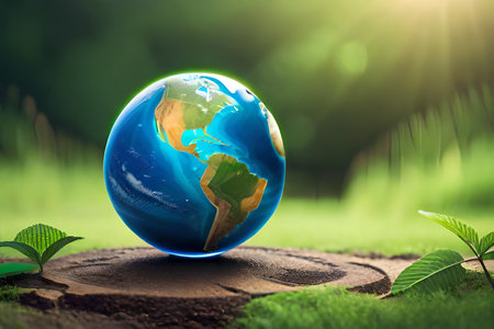 green planet concept - green tree in ptotecting shell with sunshine around. Save our planet. Earth day concept background. Ecology concept. Globe map drawing and leaves isolated on white Generative AIの素材