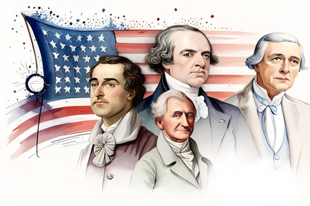 4th july independence day. Watercolor drawing on a white background of American figures who signed the declaration of independence of the United States against. AI-generated Digital Artの素材