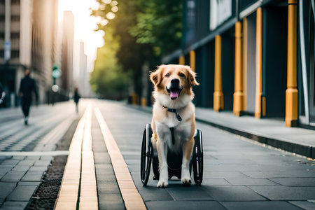 A dog on a Walkin Wheels Dog Wheelchair. dog with prosthetic front legs. AI Neural Network Generated Art Wallpaperの素材