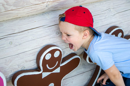A little boy sits with a toy large gingerbread cake near a toy wooden house against a backdrop of...