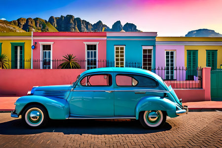 Famous bright color retro car parked by colorful houses in Bo Kaap district in Cape Town. DIGITAL shot generated AIの素材