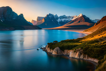 Fantastic sunset coast with beautiful colors and great light.. Digital art generated AIの素材