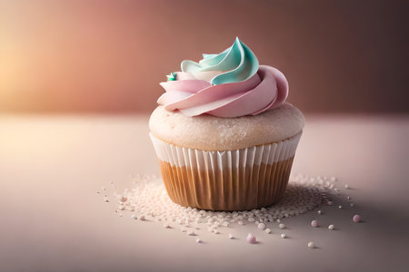 Digital illustration of sweet pink cup cake with whipped cream and cherry. Dessert element isolated on pink background. Digital shot generated AIの素材