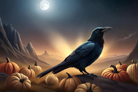 illustration with raven and pumpkins on a halloween theme. Digital art generated AI-imageの素材