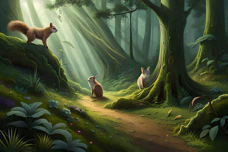 A magic animals in adark fantasy forest. AI-imageの素材