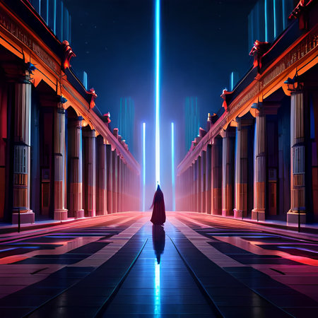 dark black space tunnel with glowing lights 3d rendering background. High quality illustrationの素材