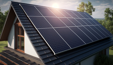 Historic farm house with modern solar panels on roof and wall Illustrationの写真素材