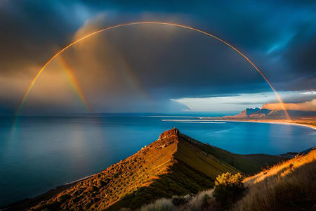 Fantastic sunset on the Sea coast with beautiful colors and great light. Sunset over a mountain range with foggy skies and a rainbow in the background. Digitally generated imageの素材