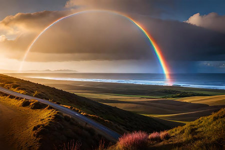 Fantastic sunset on the Sea coast with beautiful colors and great light. Sunset over a mountain range with foggy skies and a rainbow in the background. Digitally generated imageの素材
