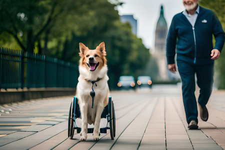 A dog on a Walkin Wheels Dog Wheelchair. dog with prosthetic front legs. AI Neural Network Generated Art Wallpaperの素材