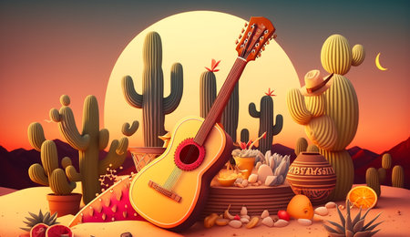 Festive card for Junina festival - whimsical cactus in a hat and flowers. banner, copy space. illustration created by Generative AIの素材