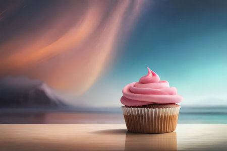 Digital illustration of sweet pink cup cake with whipped cream and cherry. Dessert element isolated on pink background. Digital shot generated AIの素材