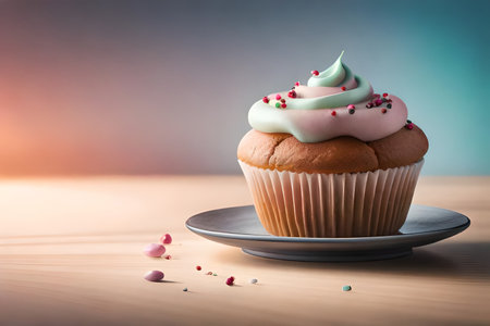 Digital illustration of sweet pink cup cake with whipped cream and cherry. Dessert element isolated on pink background. Digital shot generated AIの素材